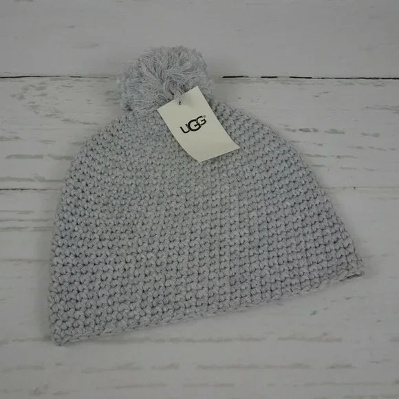 New UGG Pom Pom Knit Beanie Women's Men's Unisex Wool-Blend Logo OS Heather Grey - Picture 5 of 10